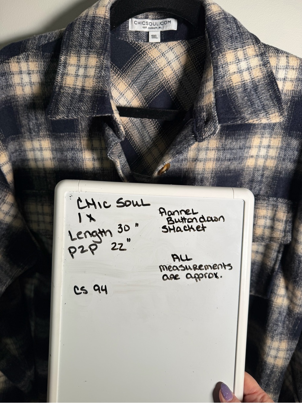 Chic Soul Plaid Button Up Shacket Navy Cream 1XL - Picture 3 of 7